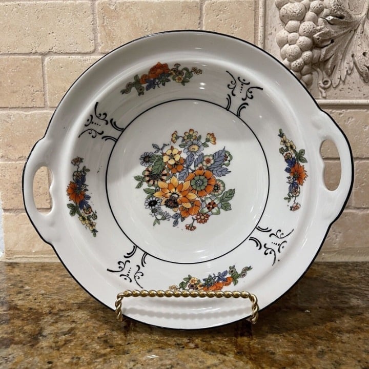 Vintage Celebrate German White Multicolor Flowers Luster Bowl Side Handles