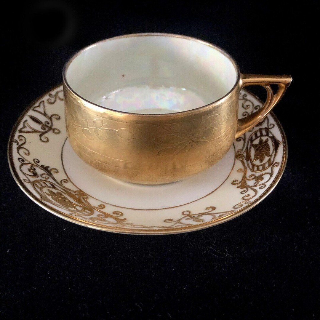 Antique Gold Teacup & Saucer Gold Gilt Luster Interior Unmarked Beautiful! 001