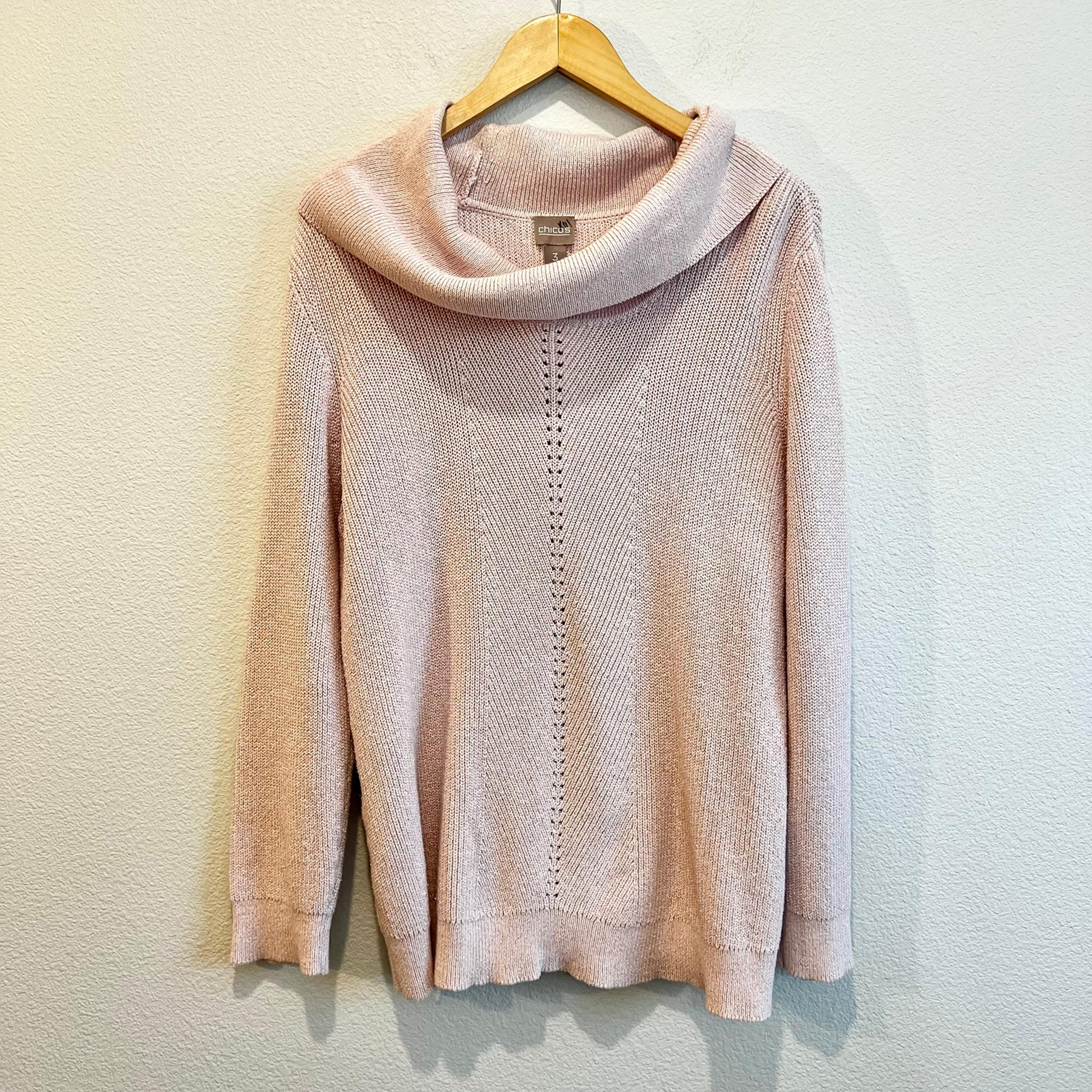 Chico's Sweater Pink Cowl Neck Knit Cotton Blend Metallic Relaxed Beachy XL EUC