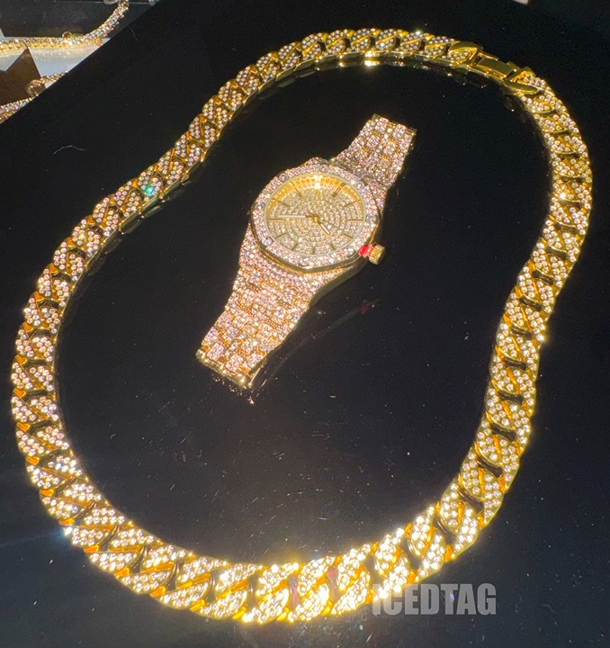 Iced Watch and Full Iced Bling Out Cuban Luxury Men Necklace Chain Set Jewlery