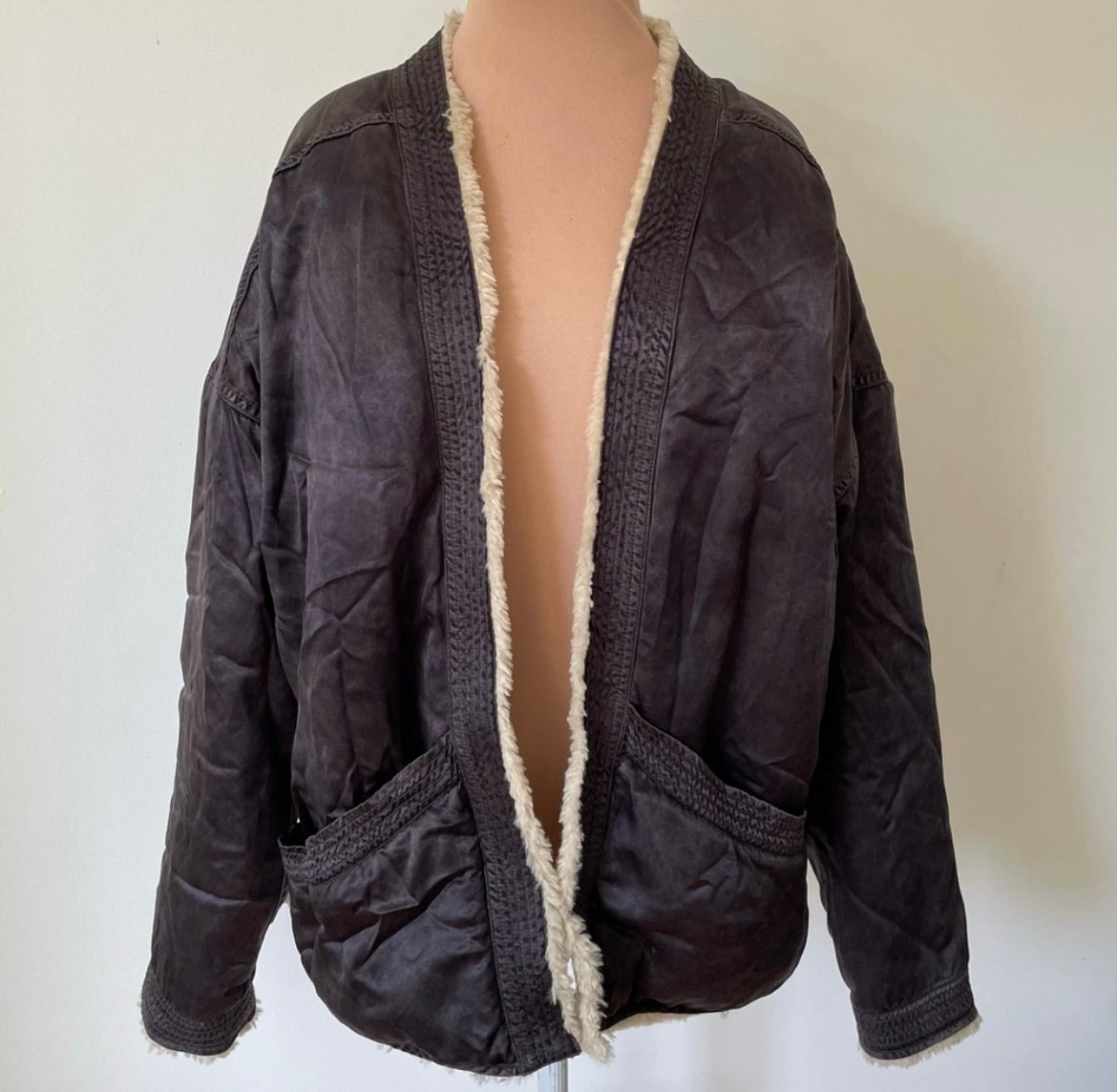 FREECITY x Anthropologie Faux Shearling Brown Cupro Open Bomber Jacket EUC Sz M