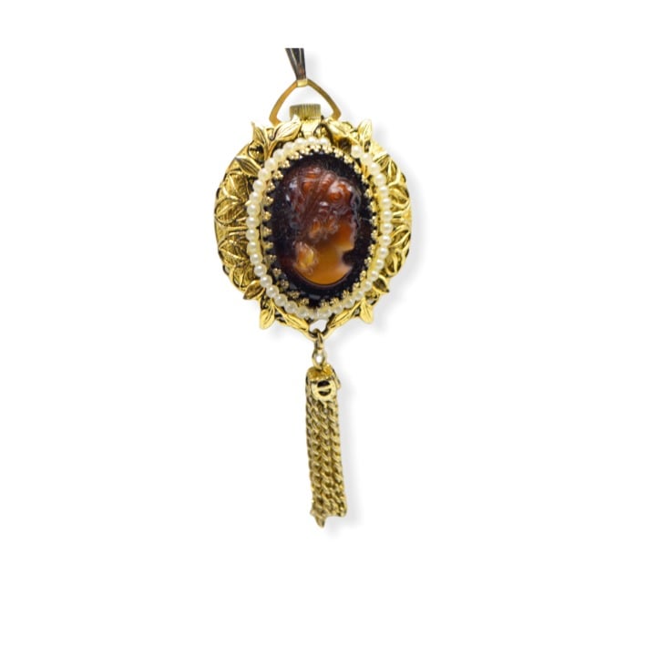 Lucerne Faux Tortoise Shell Cameo Watch Necklace Gold Tone Mid Century