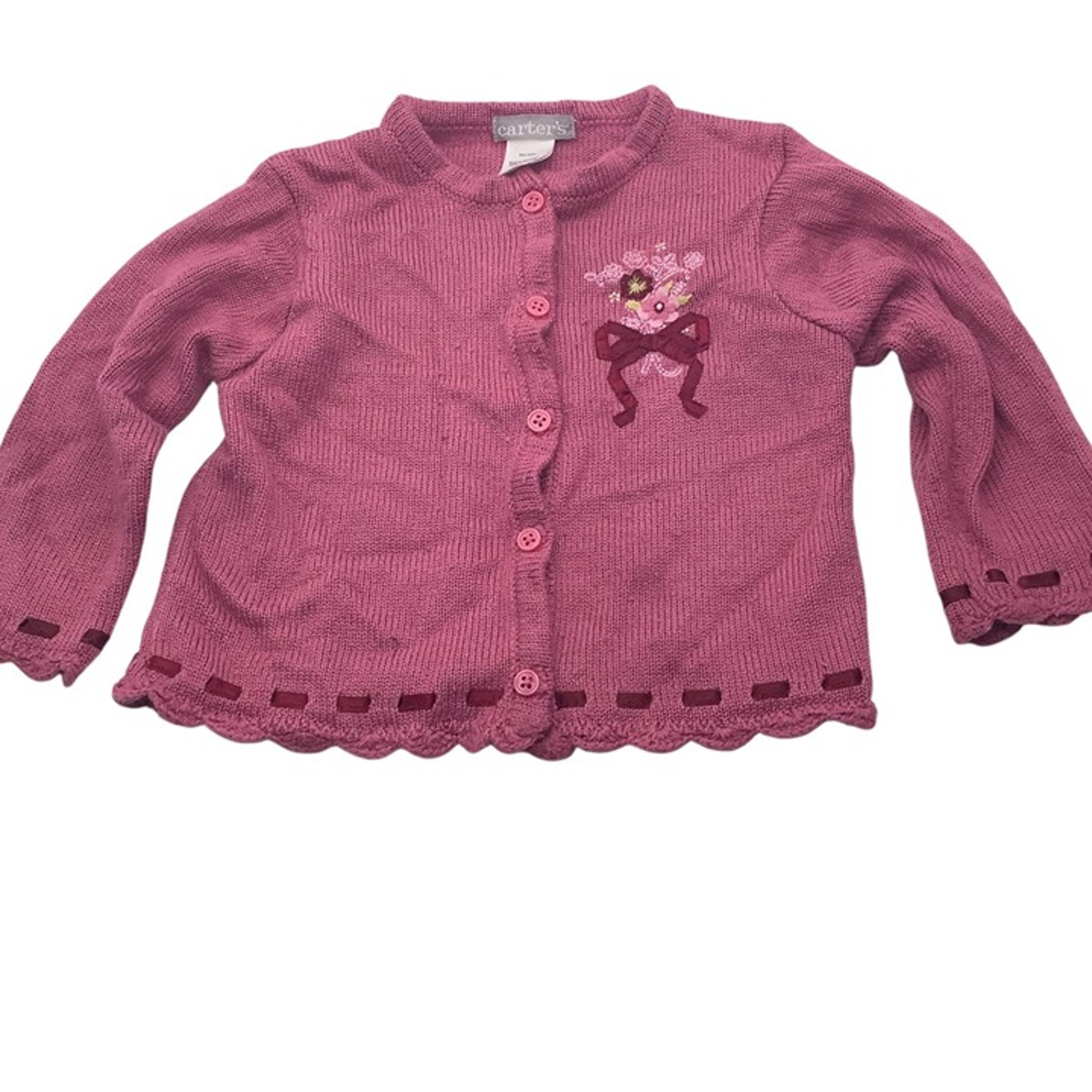 Carter's Pink Cardigan Sweater Baby Girl 18M Floral Embroidery & Ribbon Detail