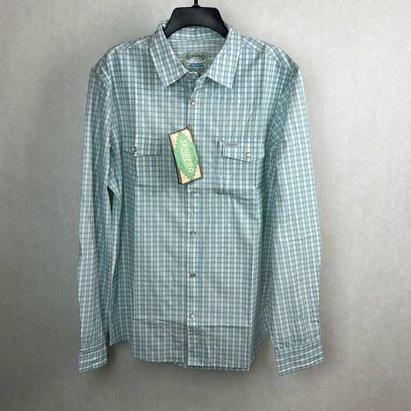 Sendero Provision Co Confluence Tech Shirt Sz L Blue White Long Sleeve Snap Butt