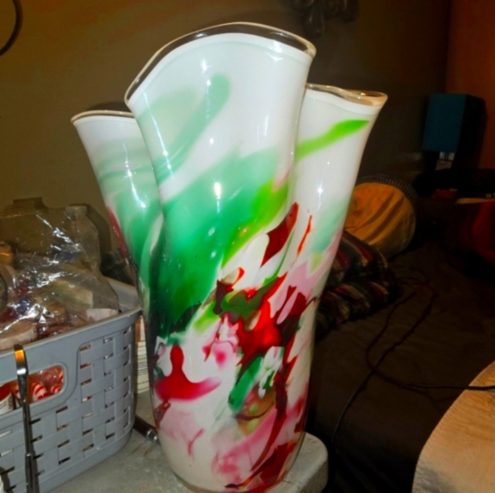 Jozefina- Krosno, Poland - 14 White/Multicolor Ruffled Vase-Vintage 1978