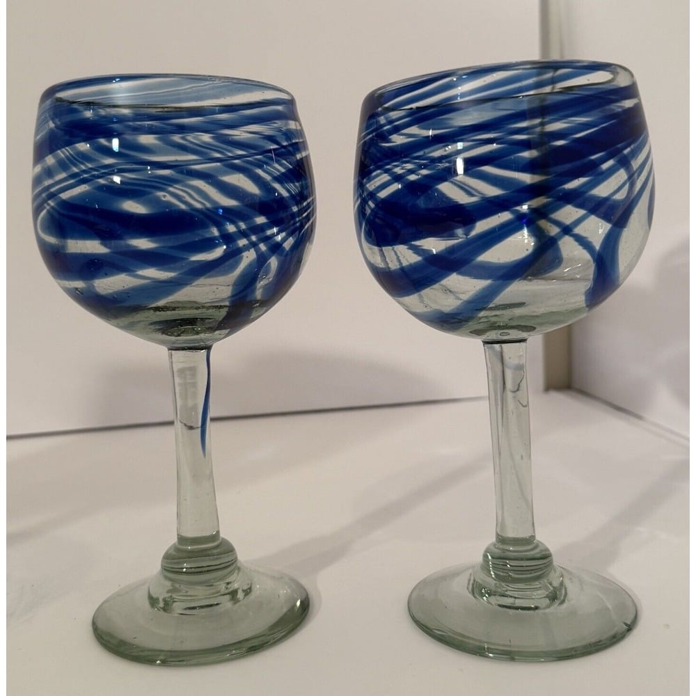 Set of 2 Hand Blown Wine Goblets Blue Swirl Heavy Art Glass-Murano Style