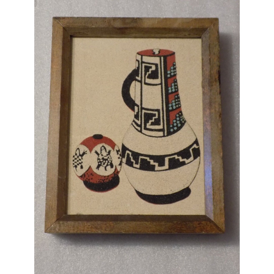 Native American Navajo Sand Painting Pueblo Pottery Wood Framed Wall Picture
