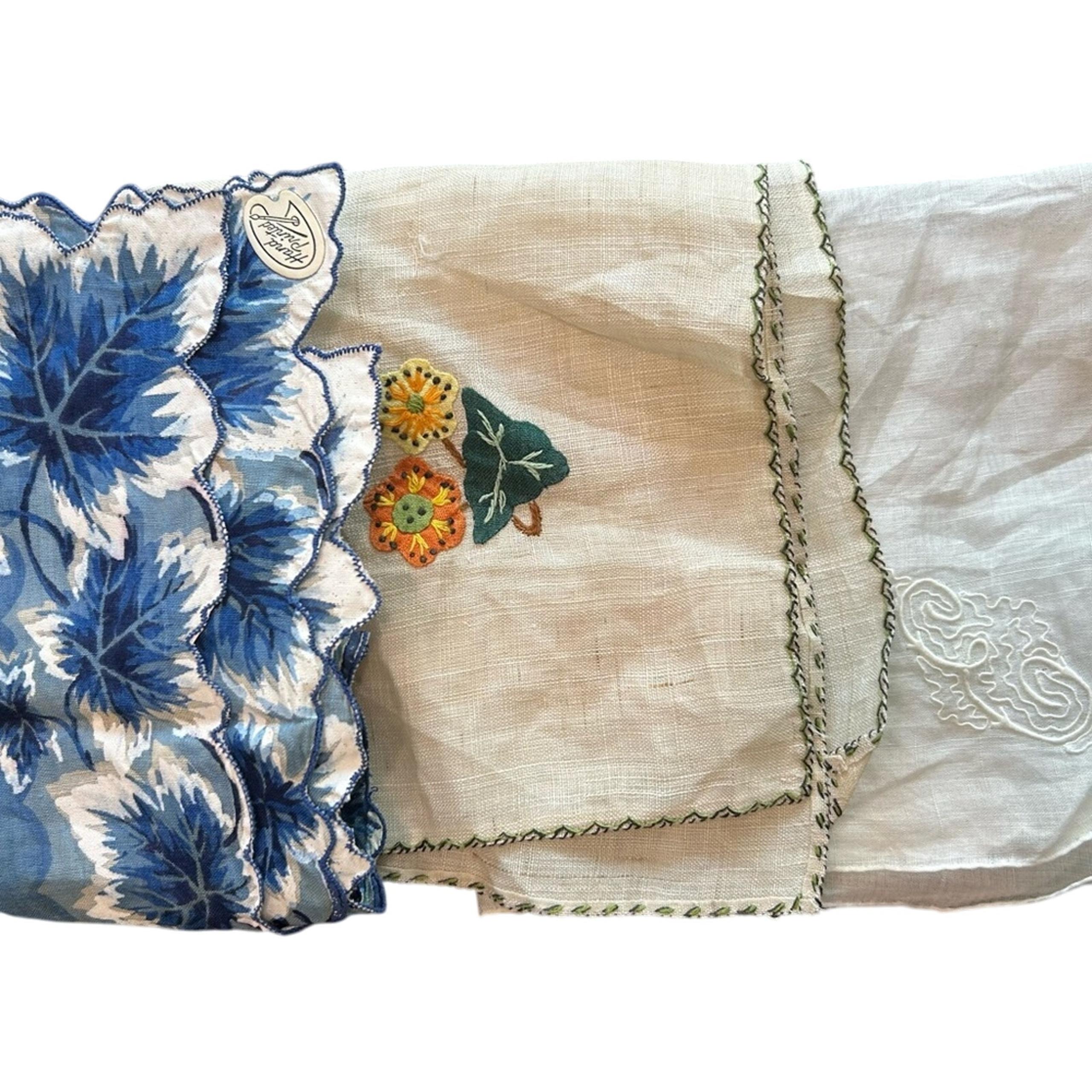 Embroidered Floral Linen Cotton handkerchief pocket square- set of 3
