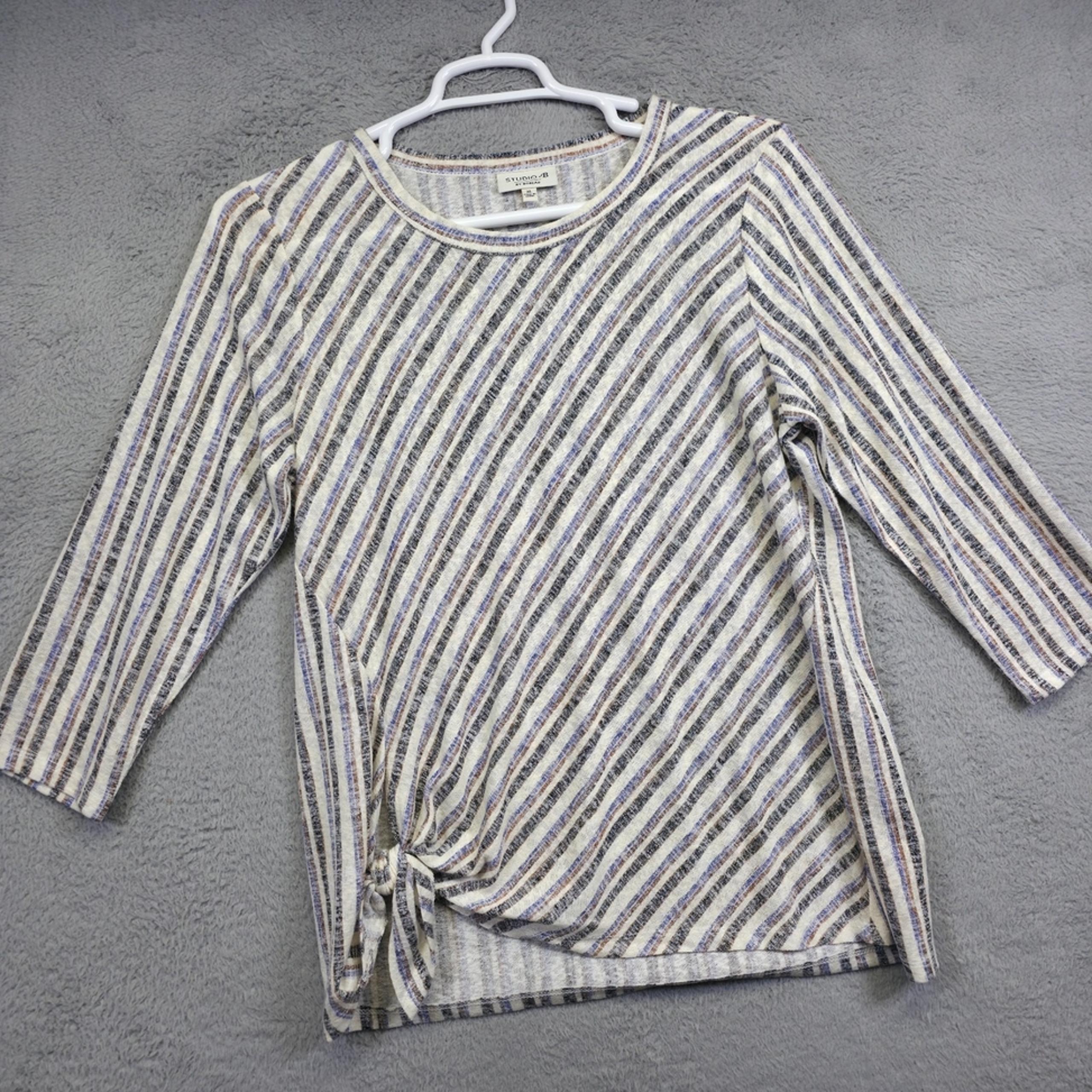 Studio B Bobeau Top Womens XL Gray Striped Tie Hem Draped Open Knit Slouchy