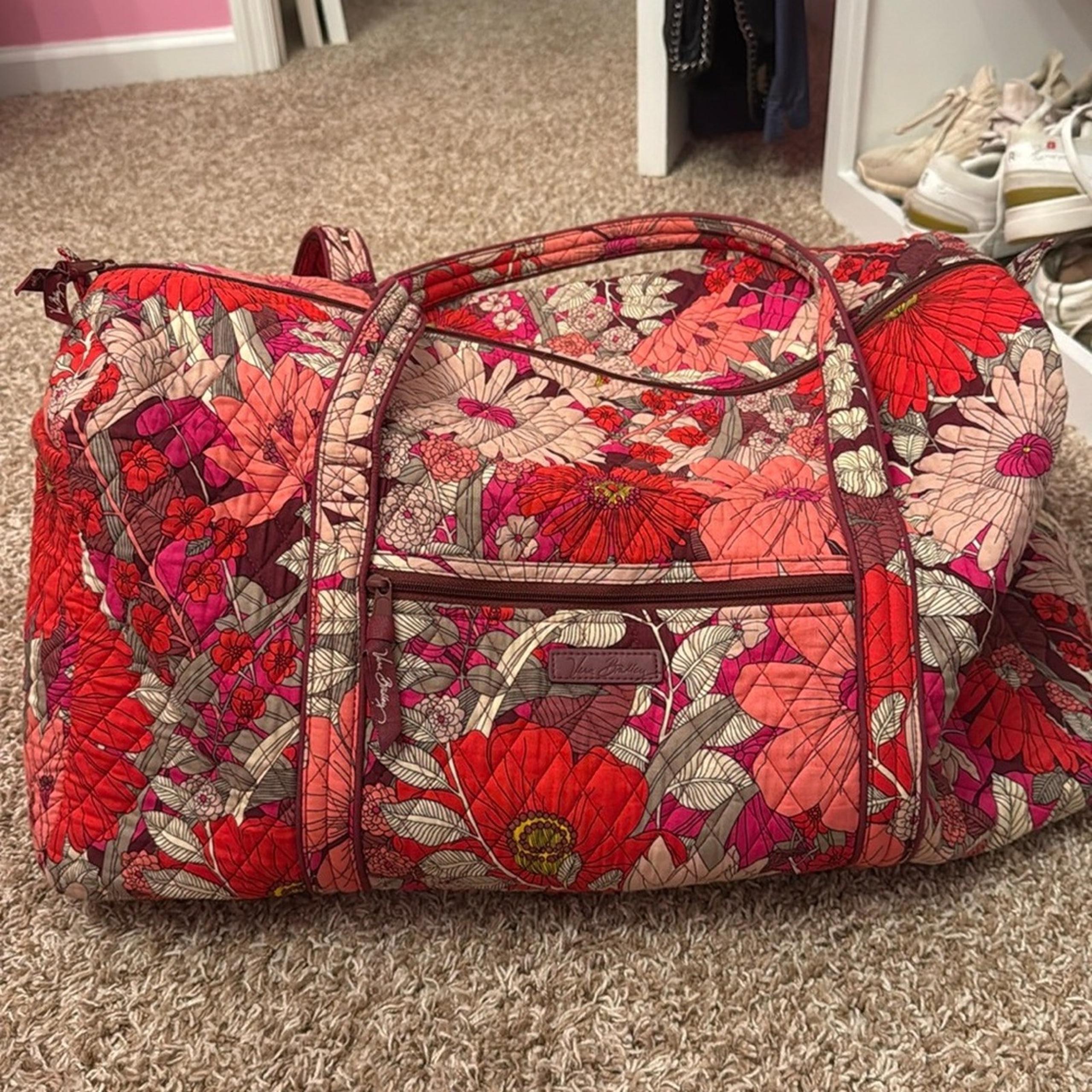 Vera Bradley Women's Duffle Bag, red pink floral travel bag, carry-on luggage