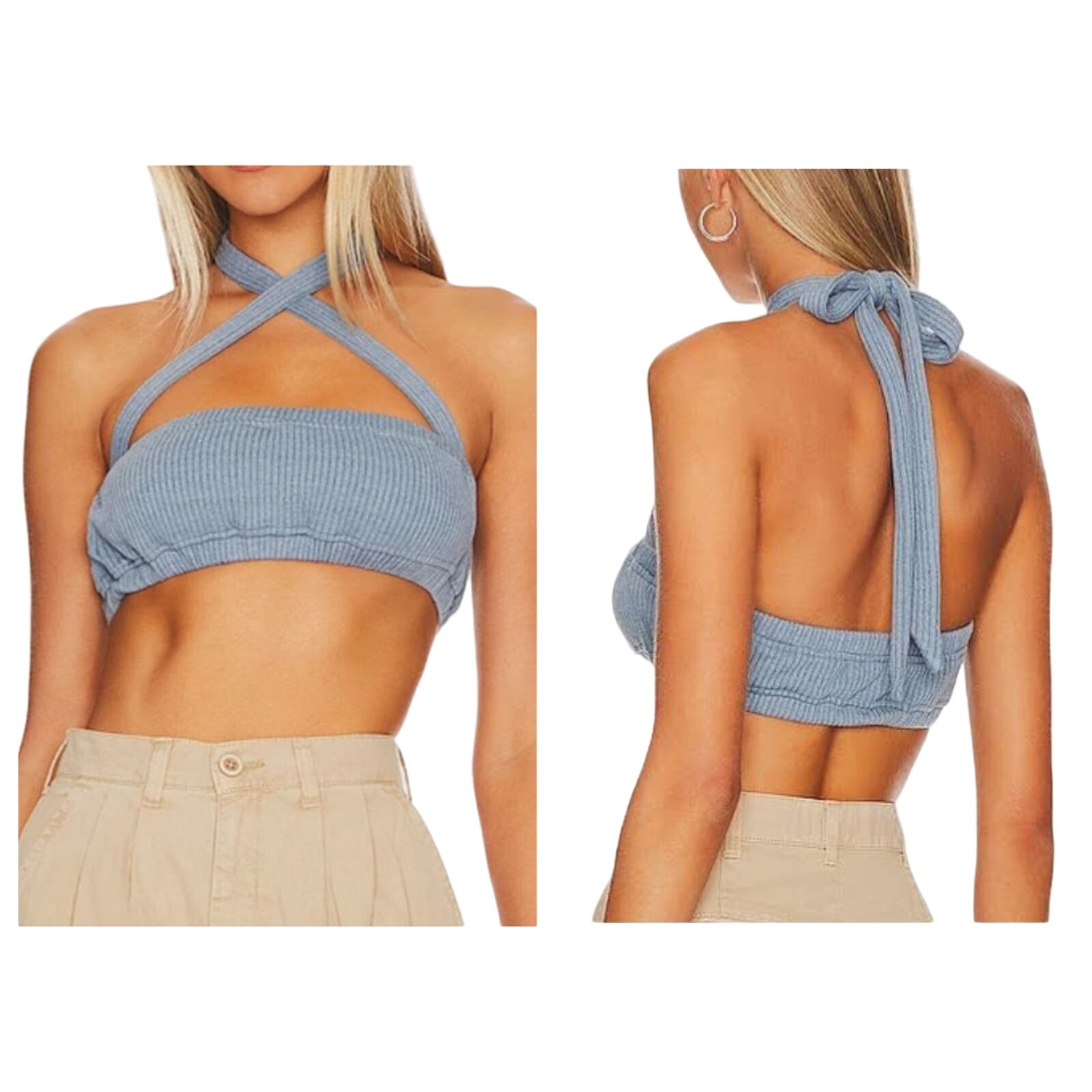 WeWoreWhat Tie Halter Bra Top Ribbed Elastic Trim Storm Women's Size XS New