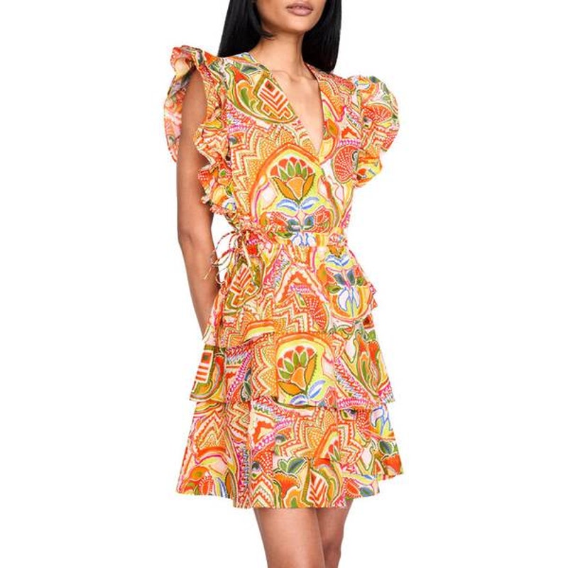 Marie Oliver Genette Ruffle Wrap Mini Dress Tango Orange Print 2G14-138-205B XXS