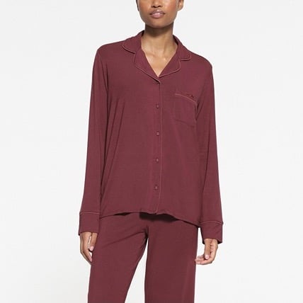 Skims Sleep Long Sleeve Button Up Top in Oxblood, Size Small