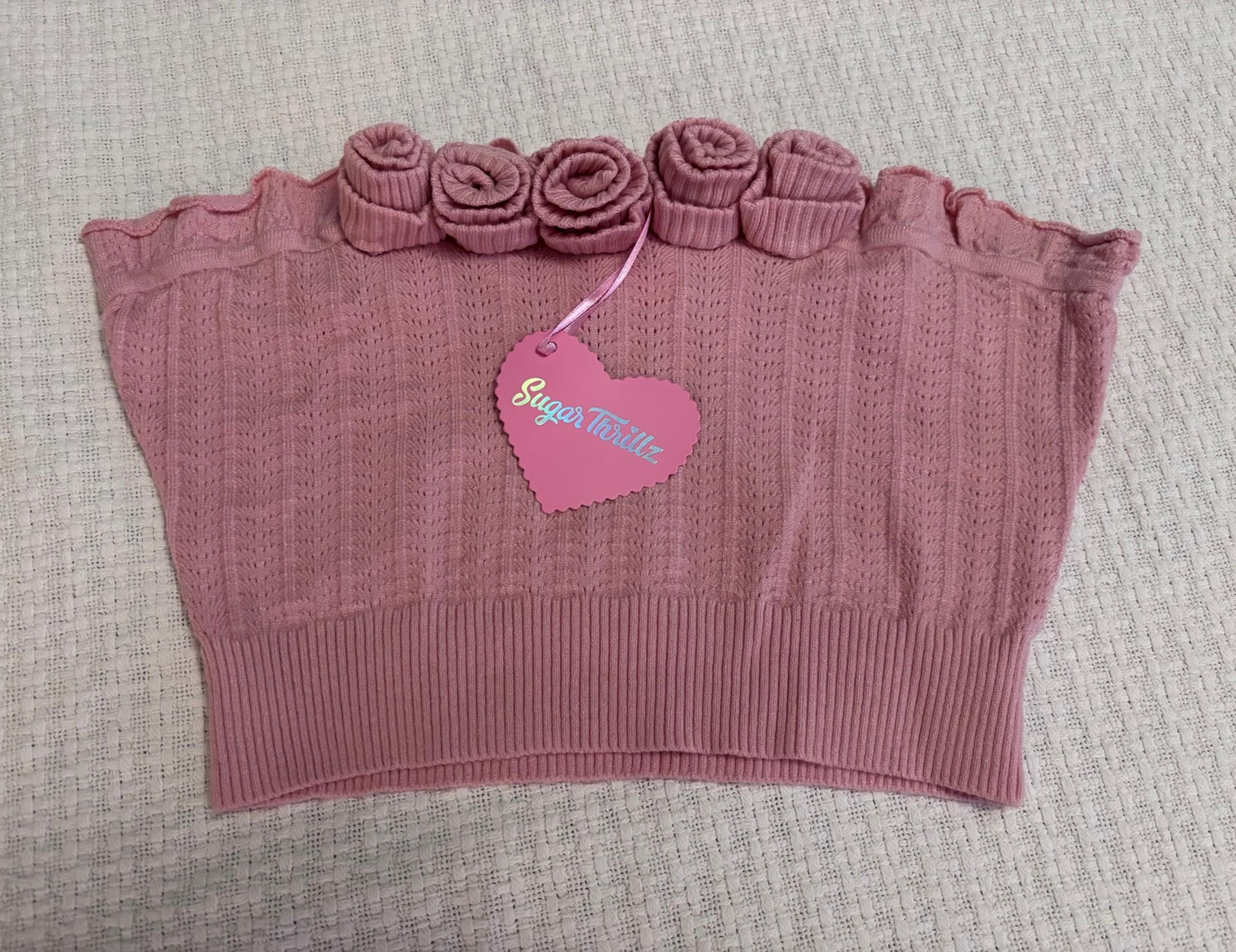 Dolls Kill Sugar Thrillz Pink 3D Rose Pointelle Knit Tube Top Size Large NWT