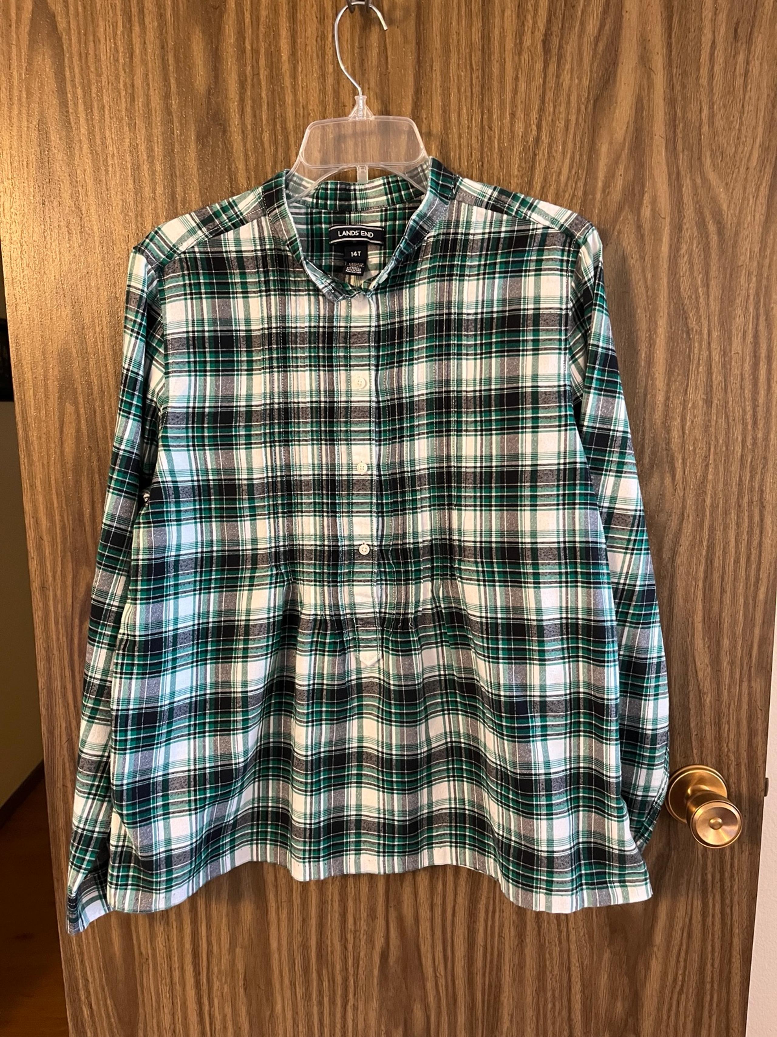 Land’s End Women’s 14T Green Plaid Flannel Blouse Preowned