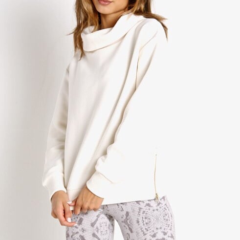 Varley Simon Side-Zip Ribbed Cowl Neck Sweater Pullover in Ivory White Small