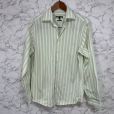 BCBG Men’s Dress Shirt sz M 15.5-34/35 Green Striped Cotton Y2K #F272