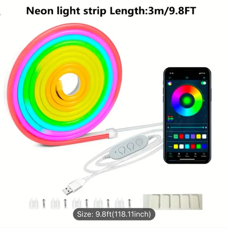 1pc Smart RGB-IC Neon Rope Lights, USB Powered Flexible LED Strip with App Contr