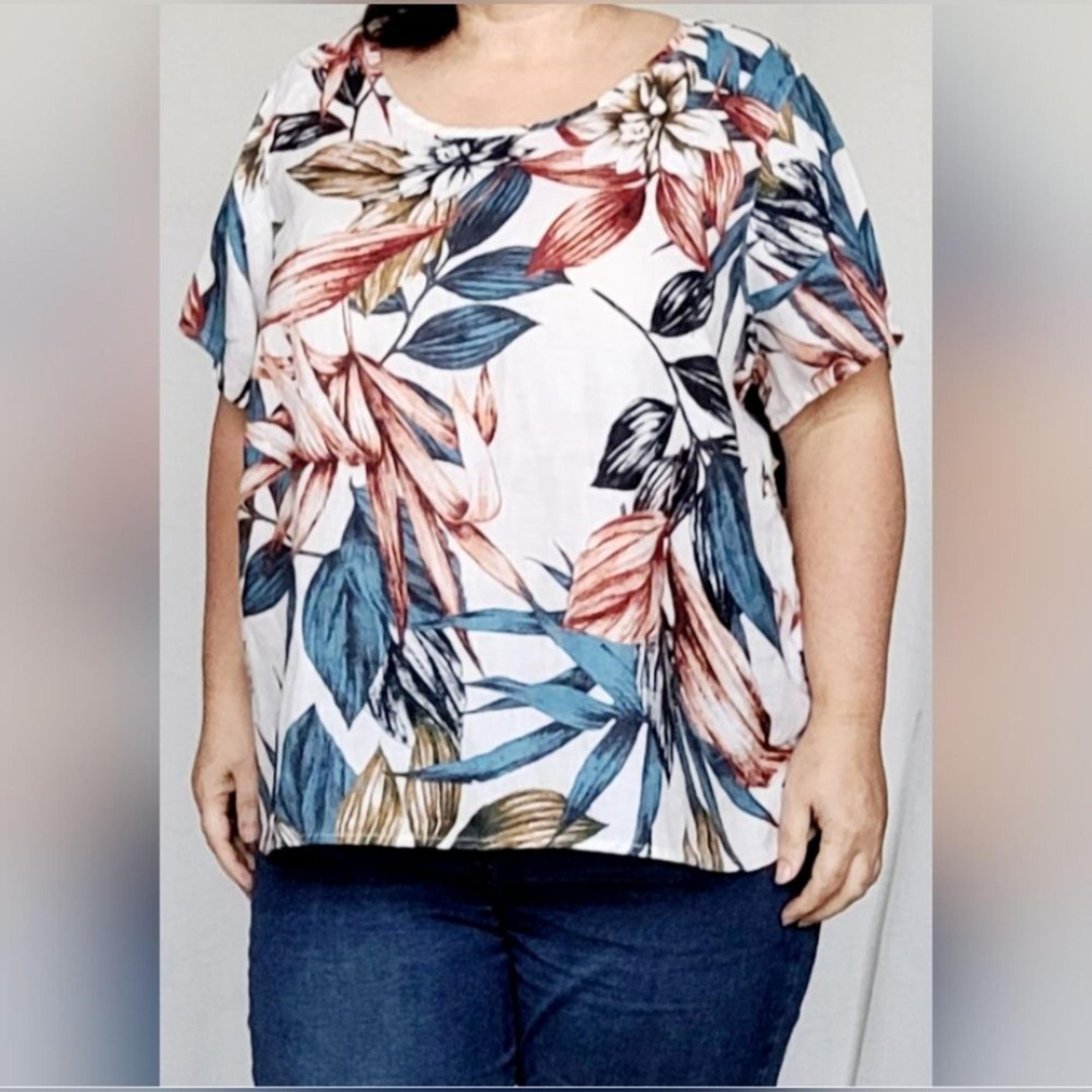 C&C California Women's 100% Linen Tropical Blouse Flowy Oversize 1X Resort
