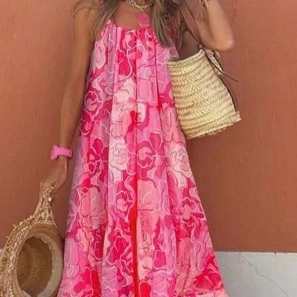 Rose Printed Spaghetti Strap Scoop Neck Smoked Ruffle Boho Maxi Dress