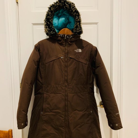 Women’s The North Face Hyvent Long Down Parka Jacket Hood Size Large HEAVY Dut