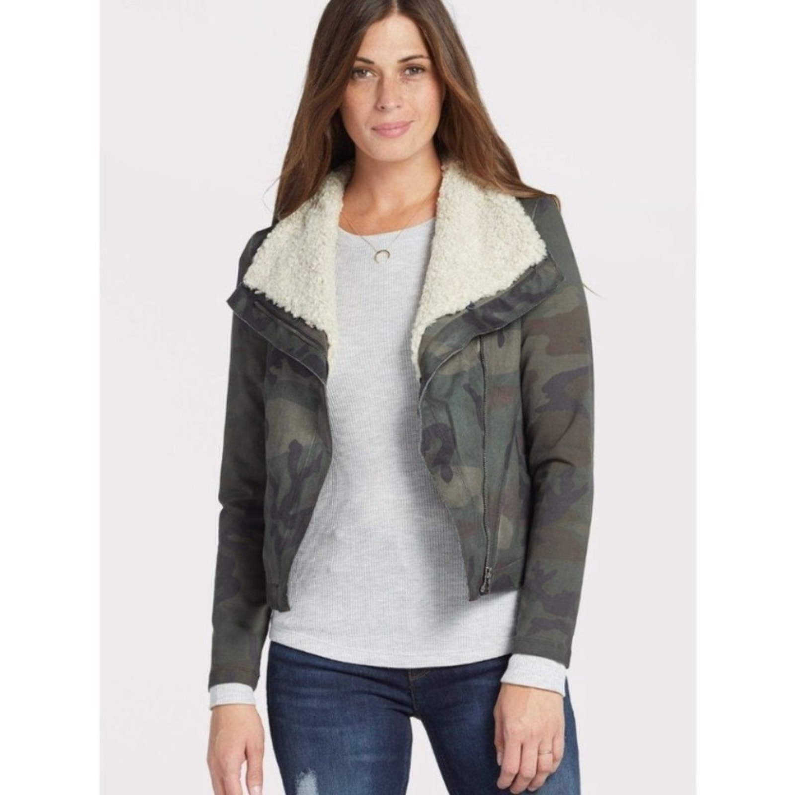 Anthropologie Marrakech Sherpa Collar Green Camo Moto Jacket Size Small