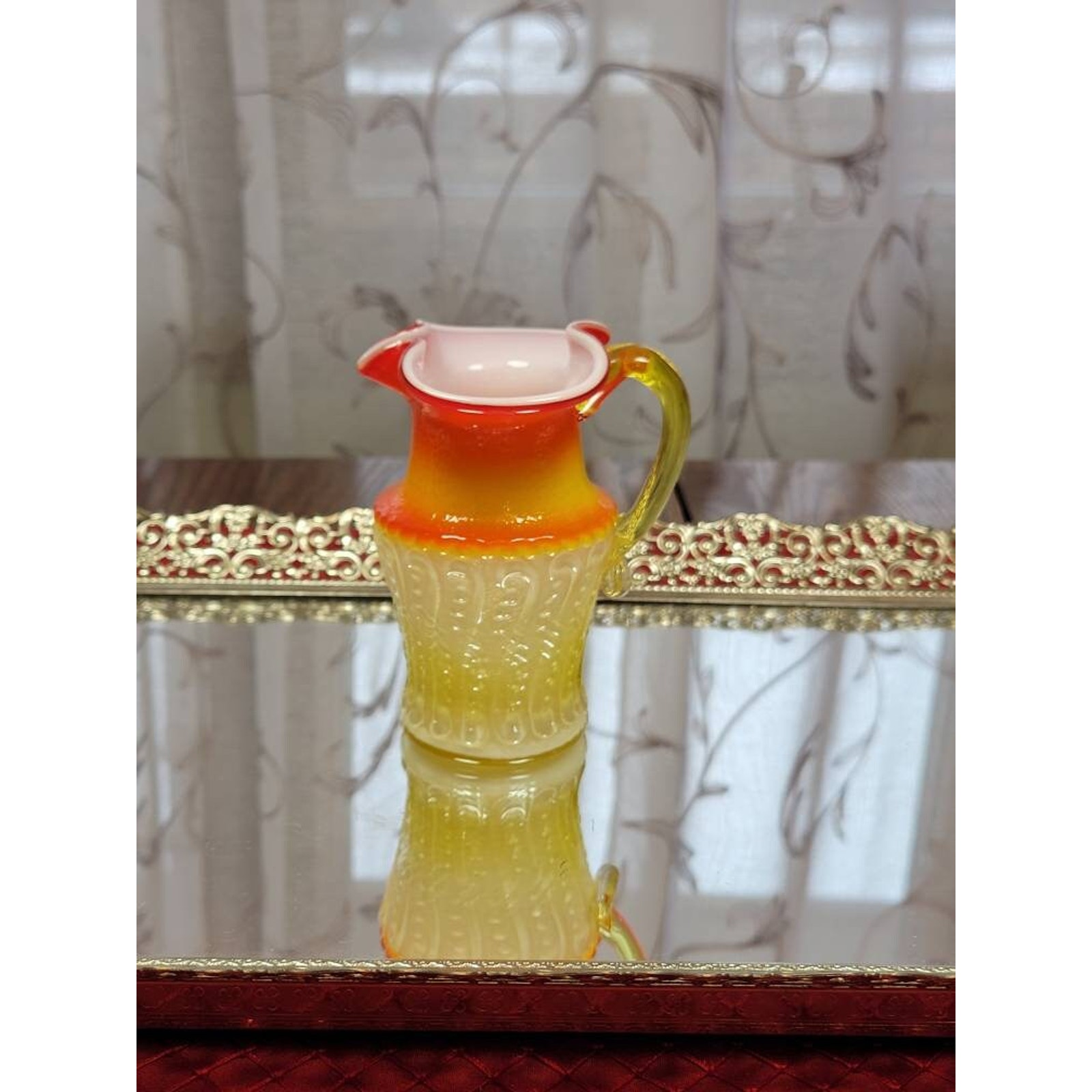 Vintage Small Art Glass Kawana Pitcher, Retro Vase Ewer, Orange Yellow