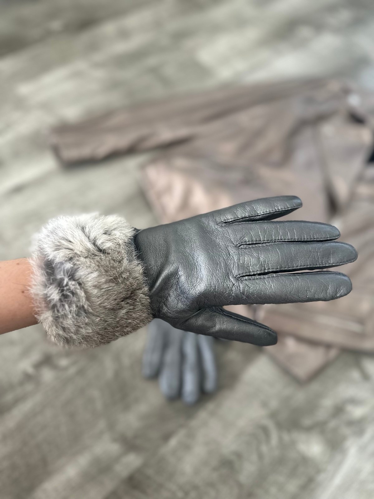 Real Leather and Real Rabbit Fur Cuffs Gloves Silver - Gray Color Size S