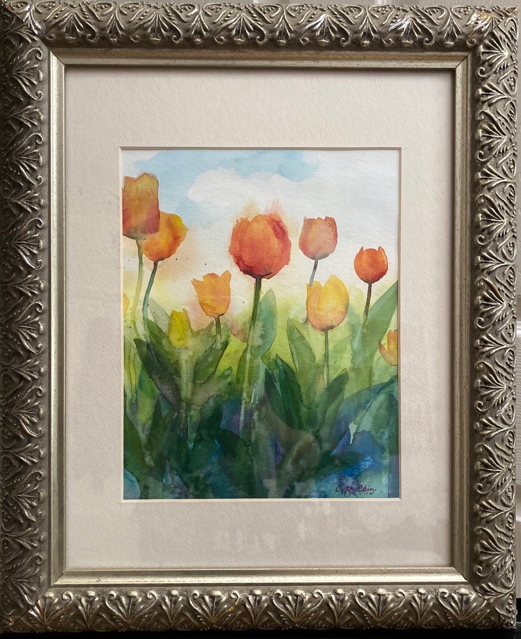 Tulips, watercolor painting framed