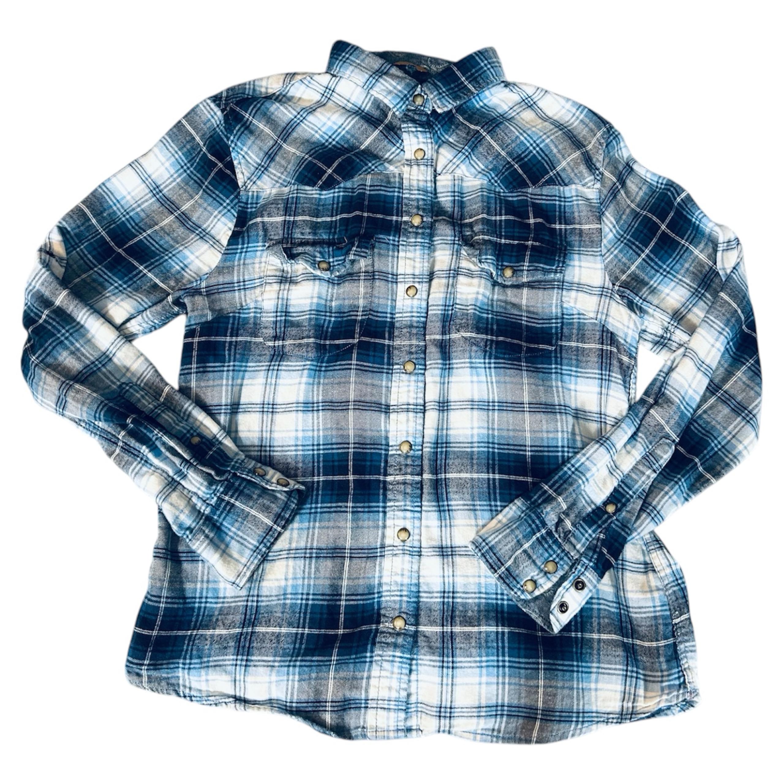 Jach's Girlfiend Blue Plaid Pearl Snap Button Down Shirt Size Small Women's