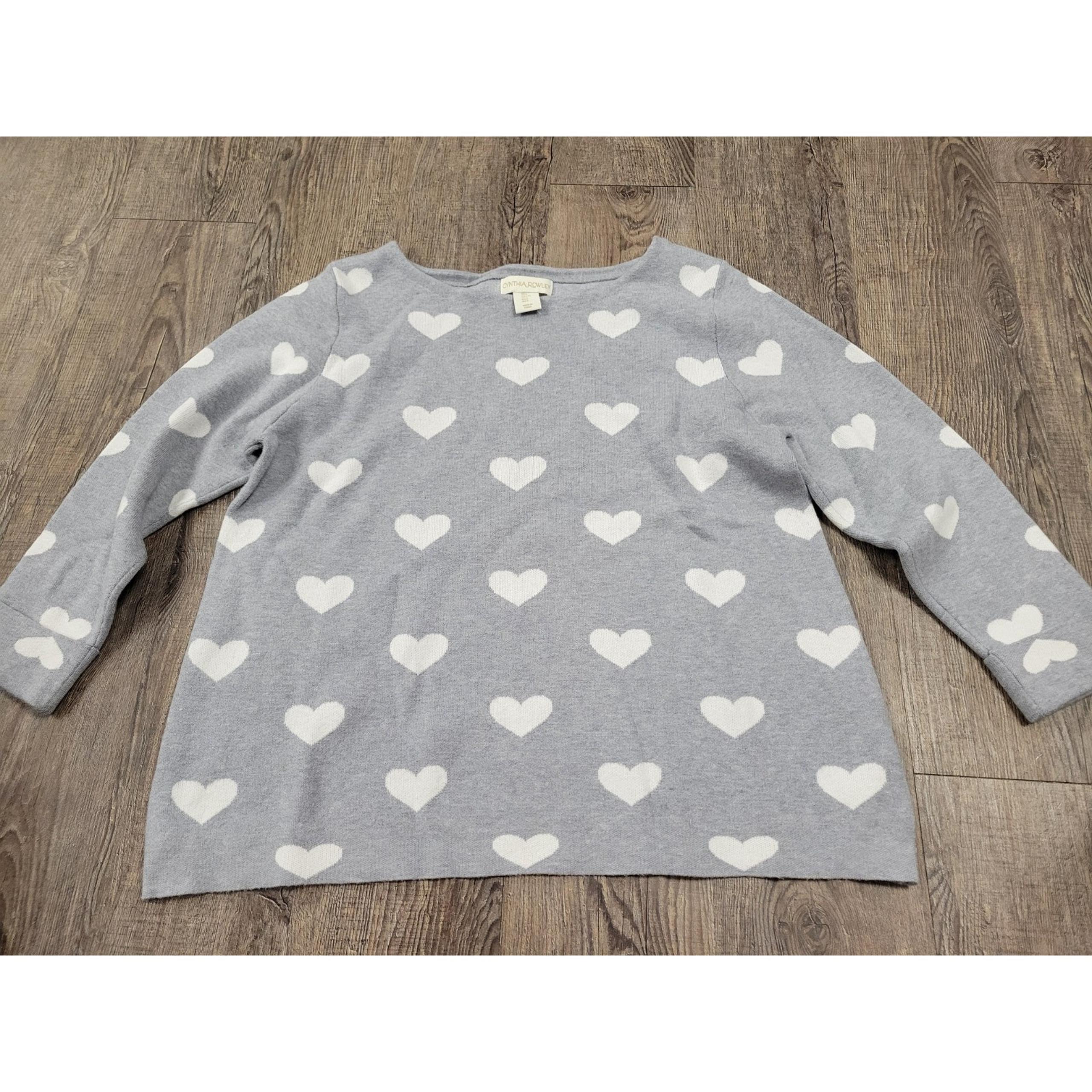 Cynthia Rowley Sweater Womens Large Gray With White Hearts Crewneck Pullover