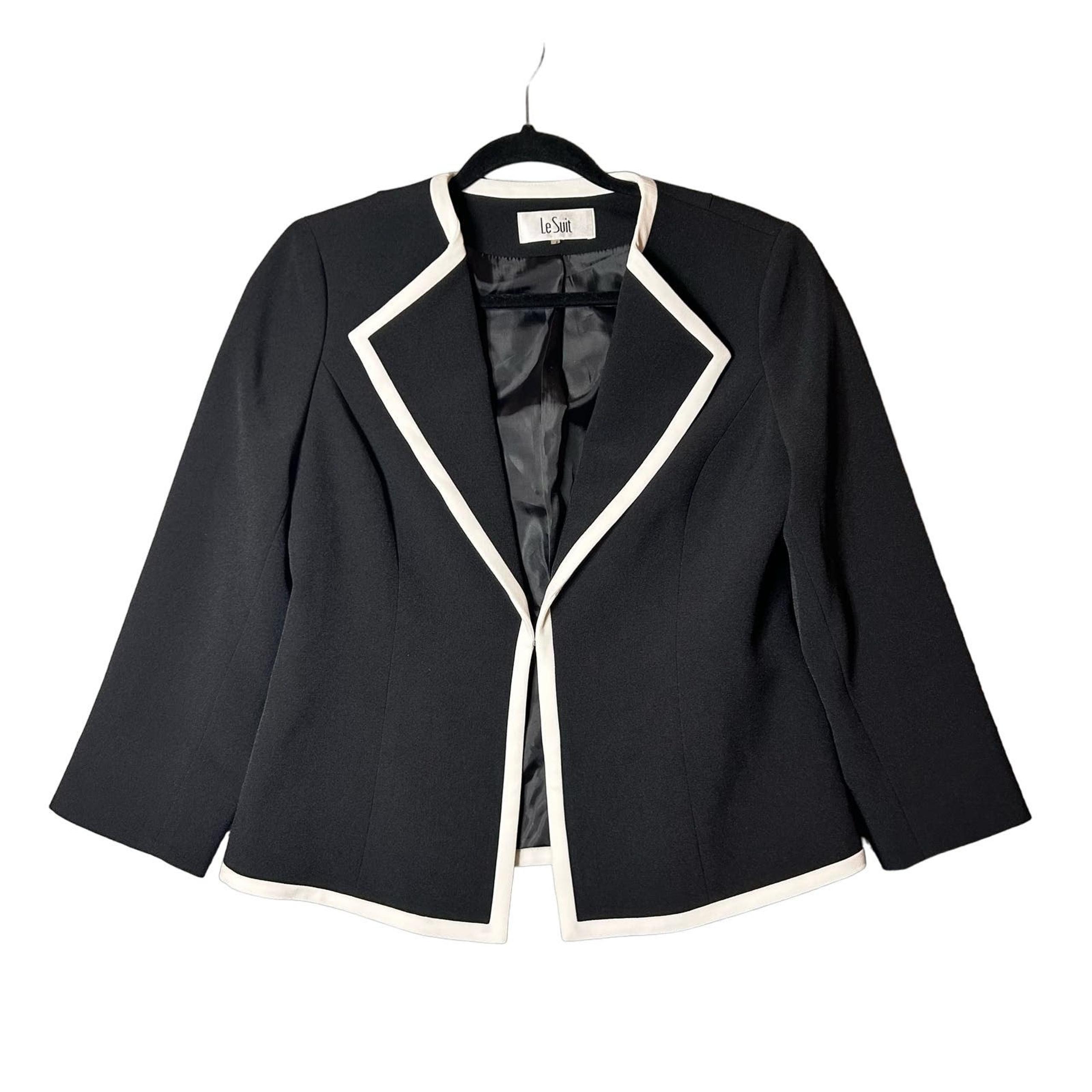 Le Suit Blazer Womens 4 Black White Wing Collar 3/4 Sleeve MSRP $248 NEW
