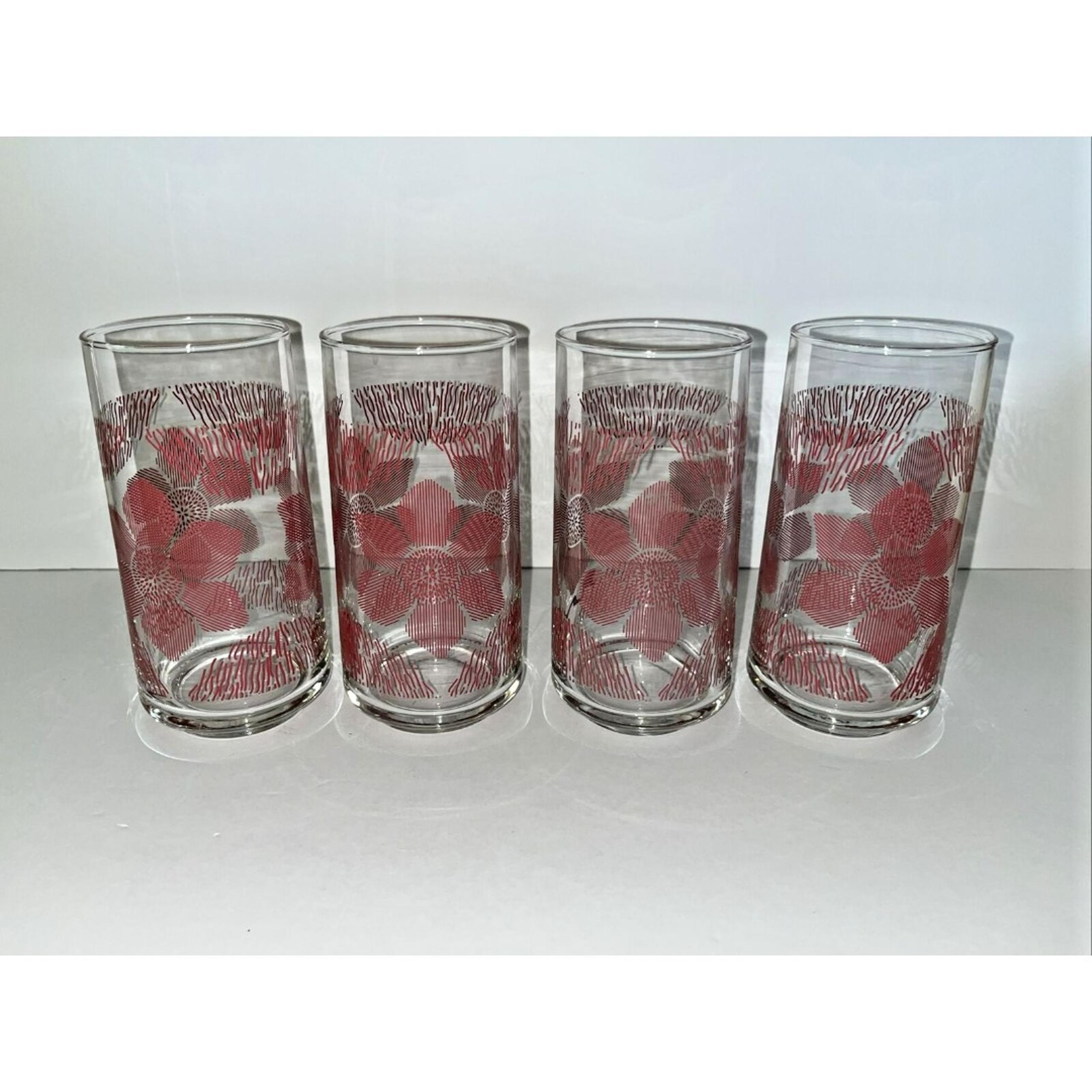 Vintage Libbey Red Roses Tumblers Floral Drinking Glasses Retro Barware