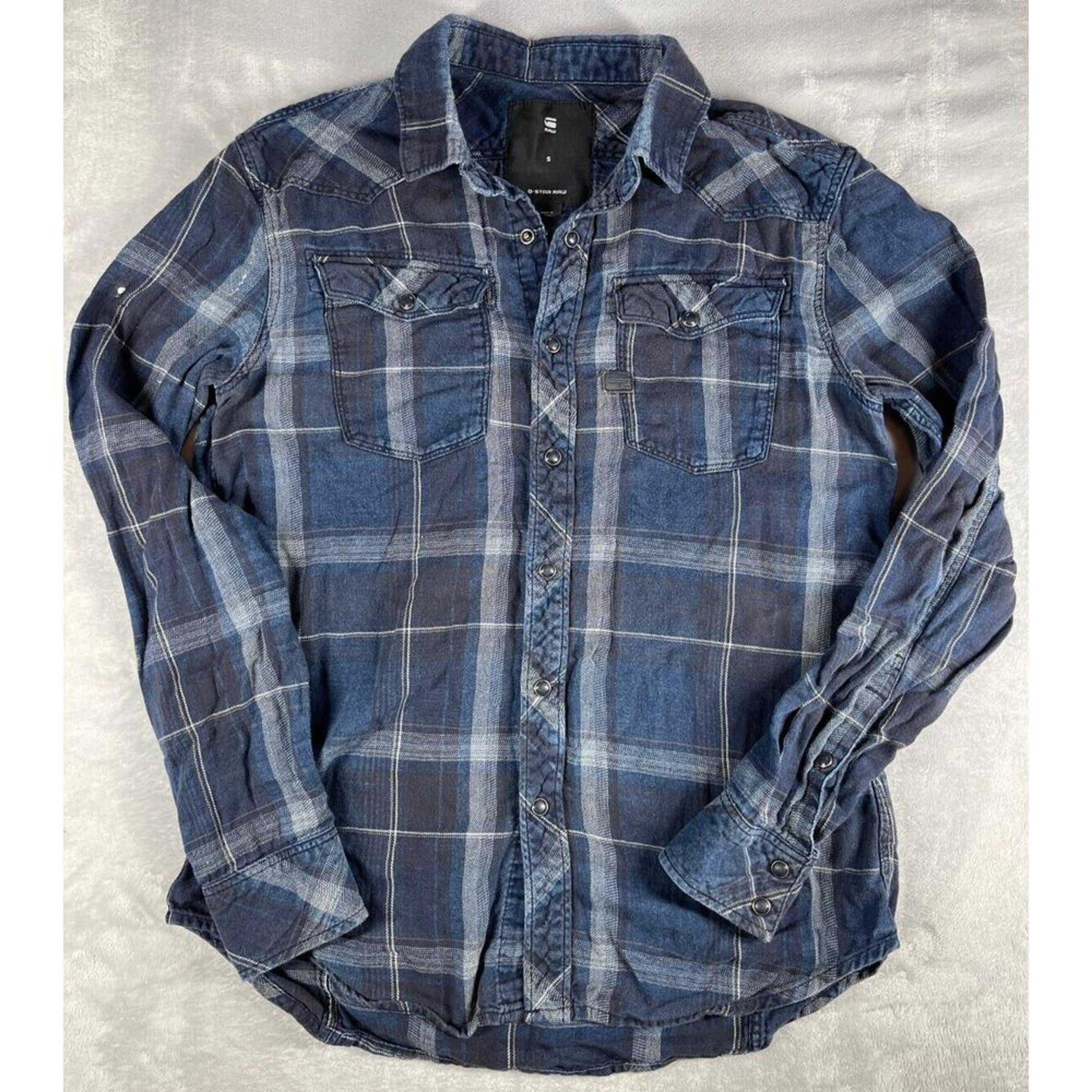 G Star Raw 3301 Slim Fit Blue Plaid Long Sleeve Snap Button Shirt Small