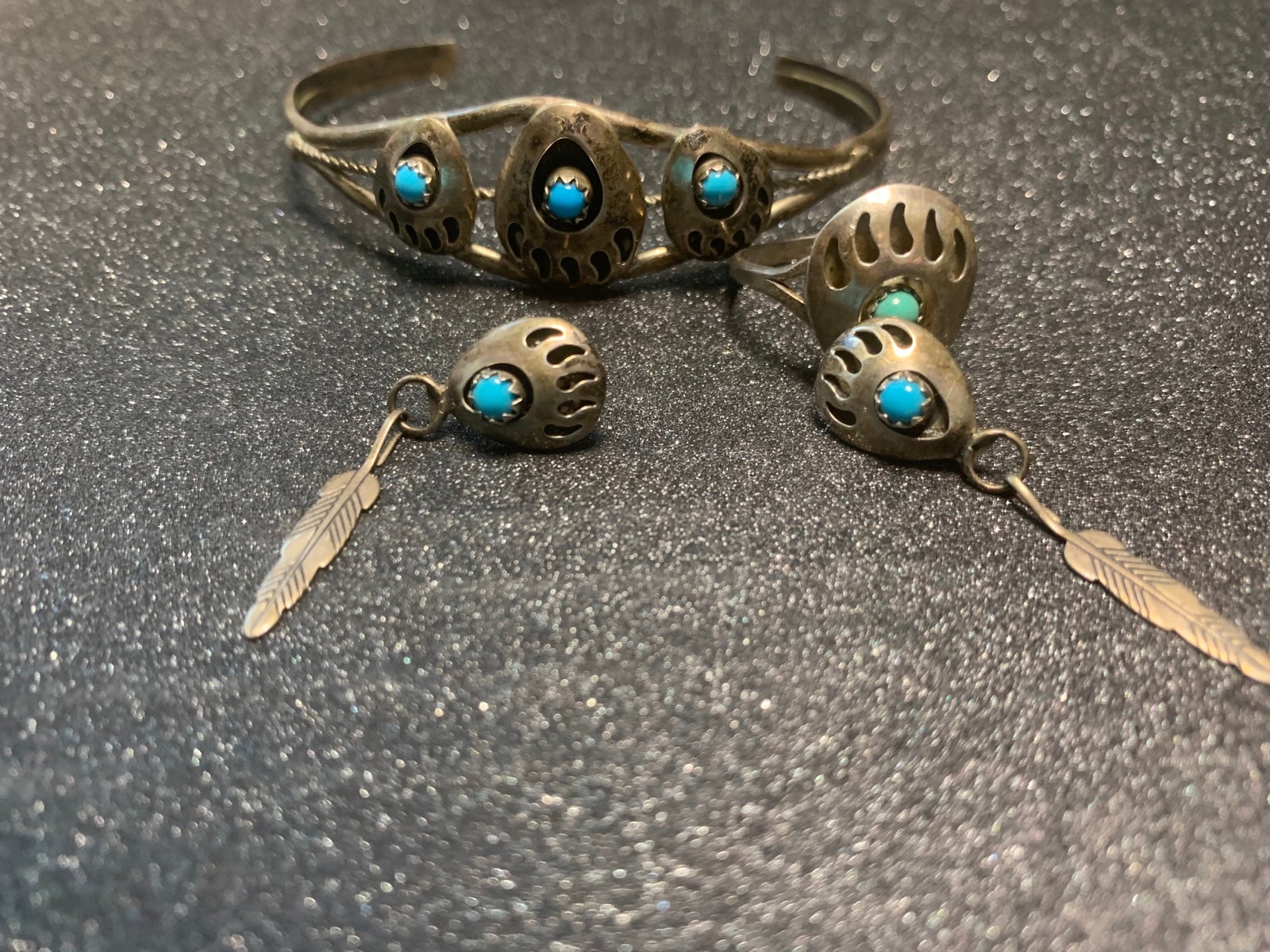 Vintage Indian turquoise bracelet ring and earrings