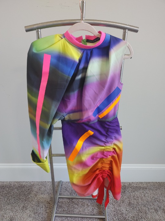 Fyodor Golan Size 6 Women's A Line One Shoulder Long Sleeve Dress Neon Rainbow