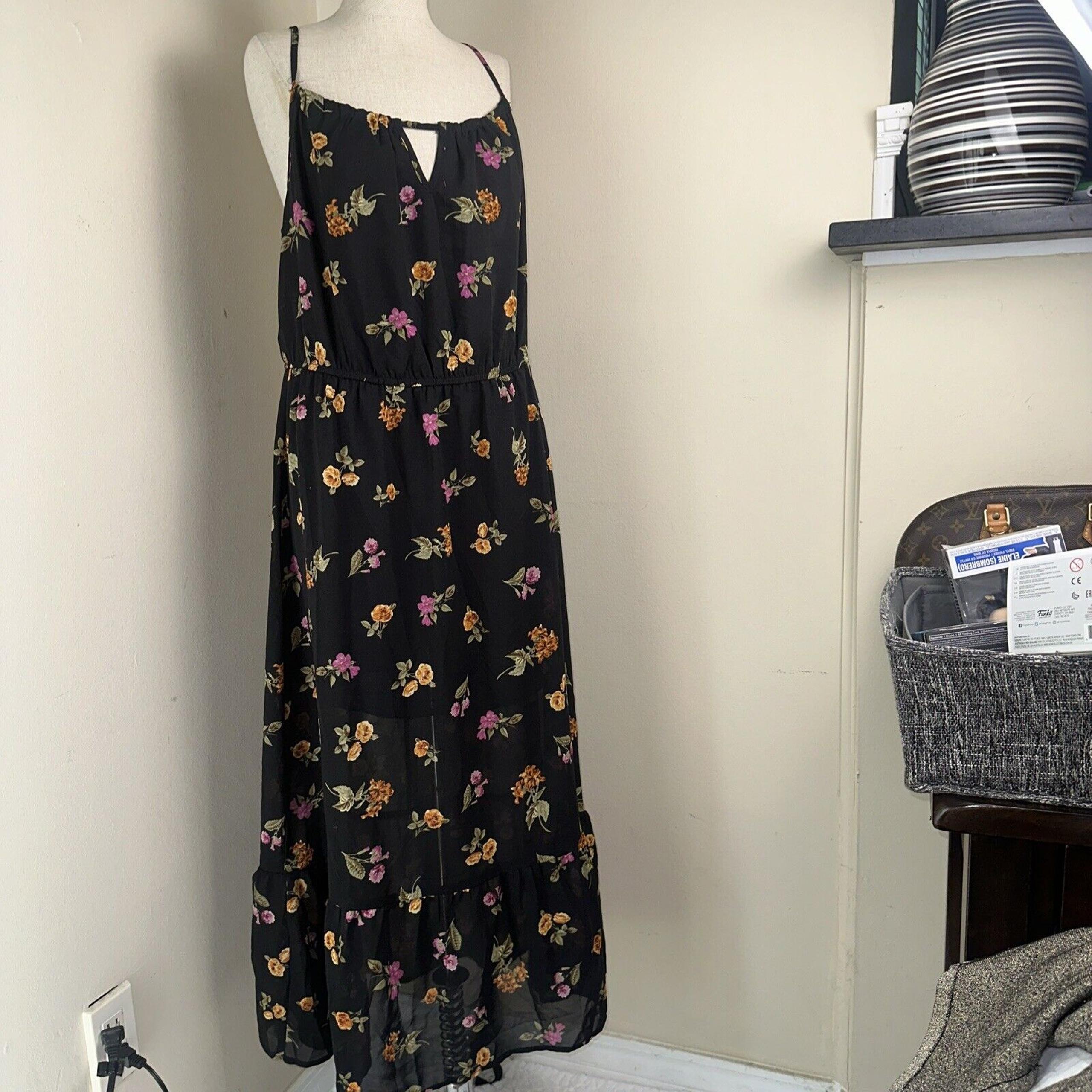Speed Control Long Dress Black Floral Print Loose Fit Spaghetti Straps Sz XL EUC