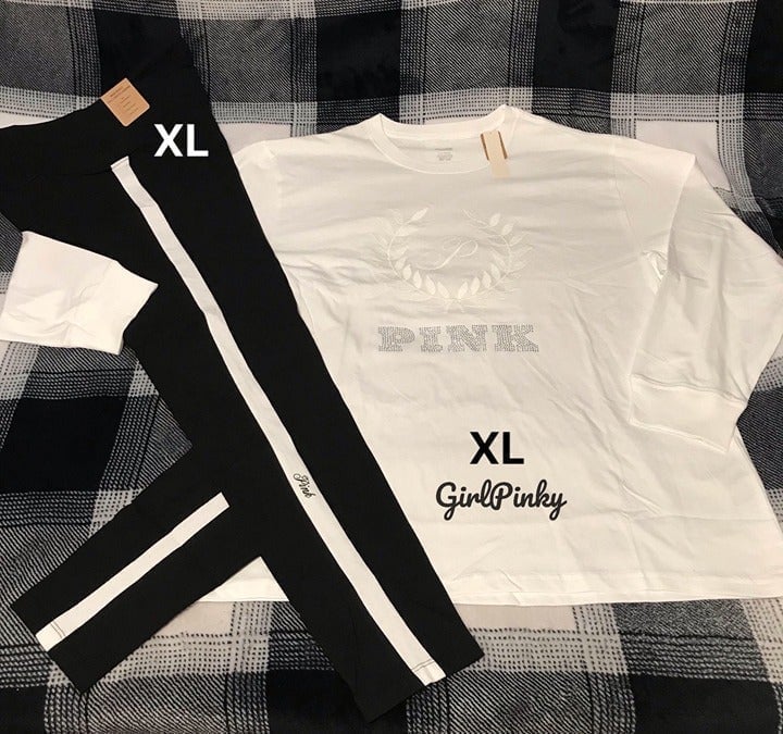 Victoria Secret PINK leggings outfit WITH BLING LOGO CAMPUS TEE SIZE EXTRA LARGE