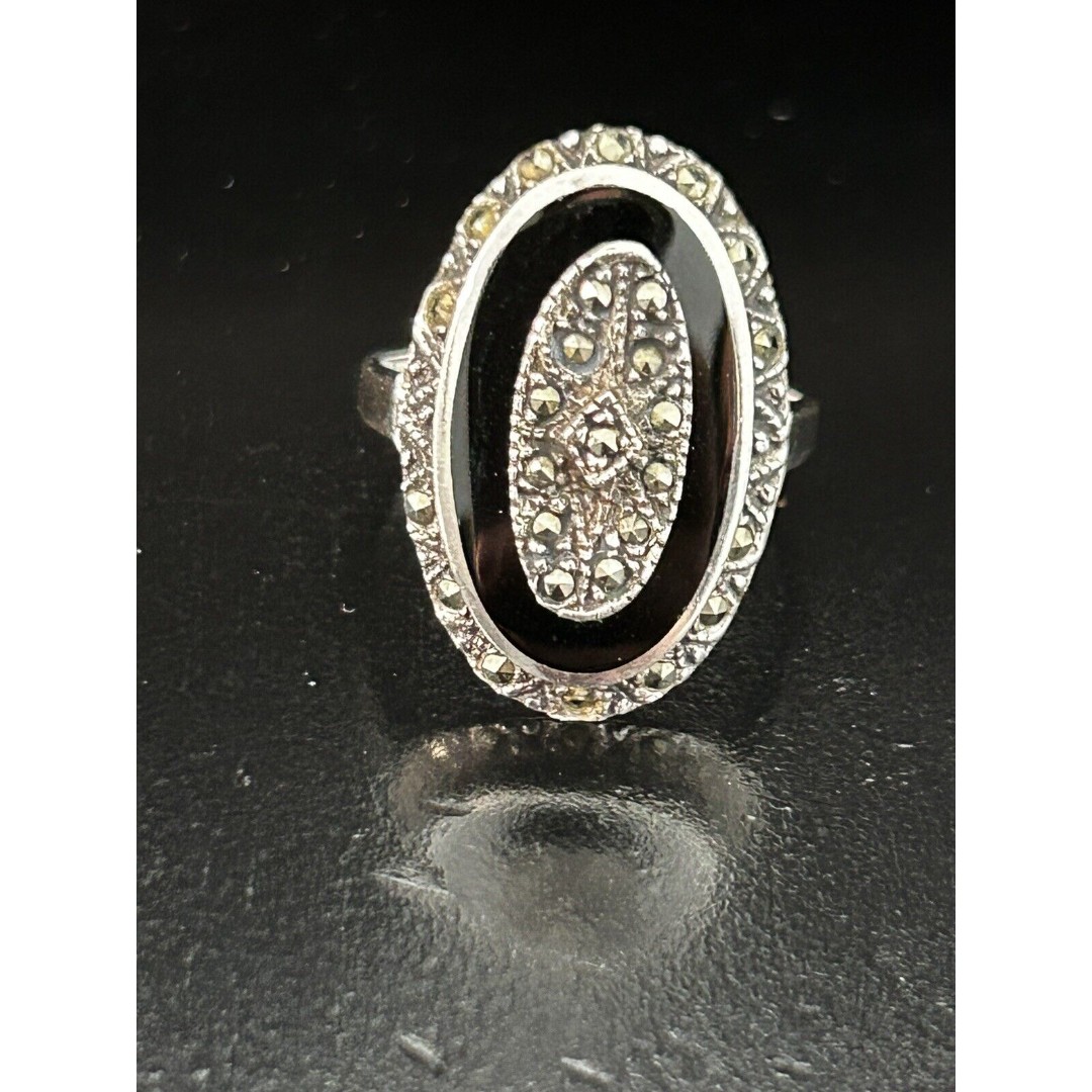 Vintage Ring Size 8.25 Silver 925 Marcasite Black Onyx Oval Statement