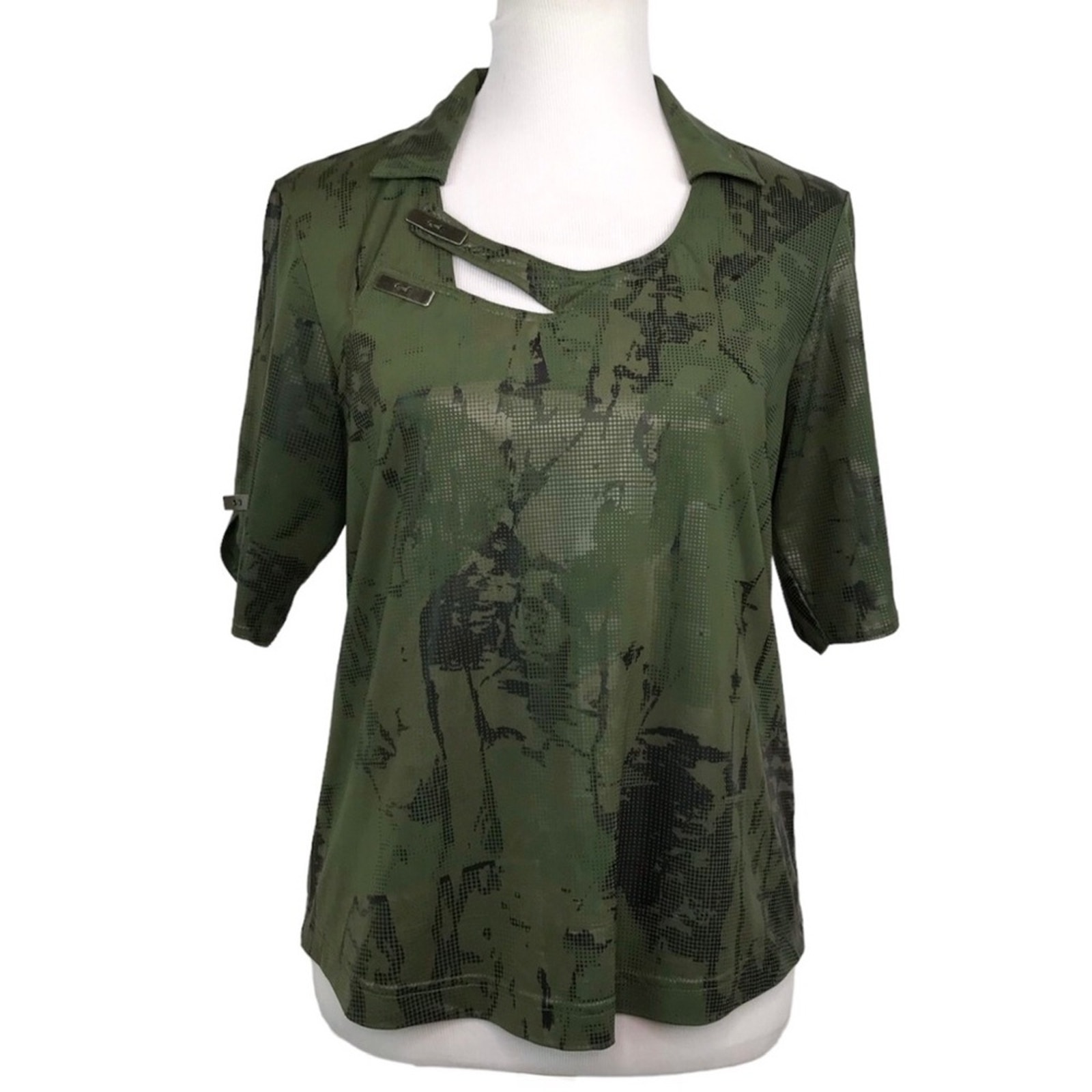 JAMIE SADOCK Green Golf Polo Shirt Camo Print Collared Cutout Womens Size Medium