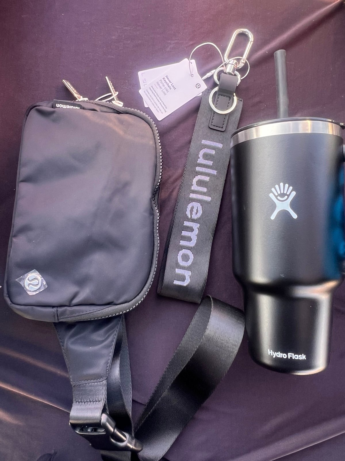 Hydroflask cup and Lululemon Keychain and Bag