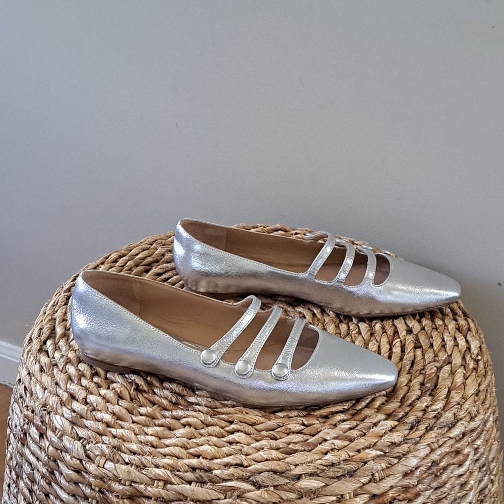 Veronica Beard Womens Nola Strappy Metallic Silver Leather Mary Jane Flats S-7.5