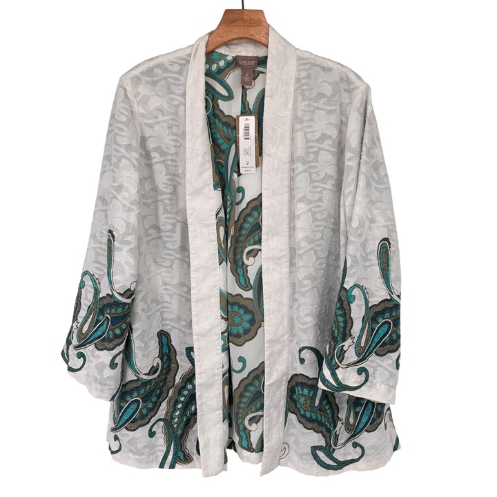 Chicos 2 Retro Paisley Long Jacket Alabaster Size large Open Front New 79