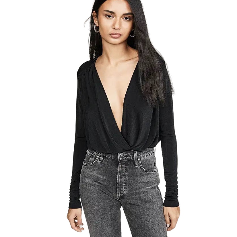 Free People Intimately Turnt Bodysuit Small Black NEW Crossover V-Neck Slinky