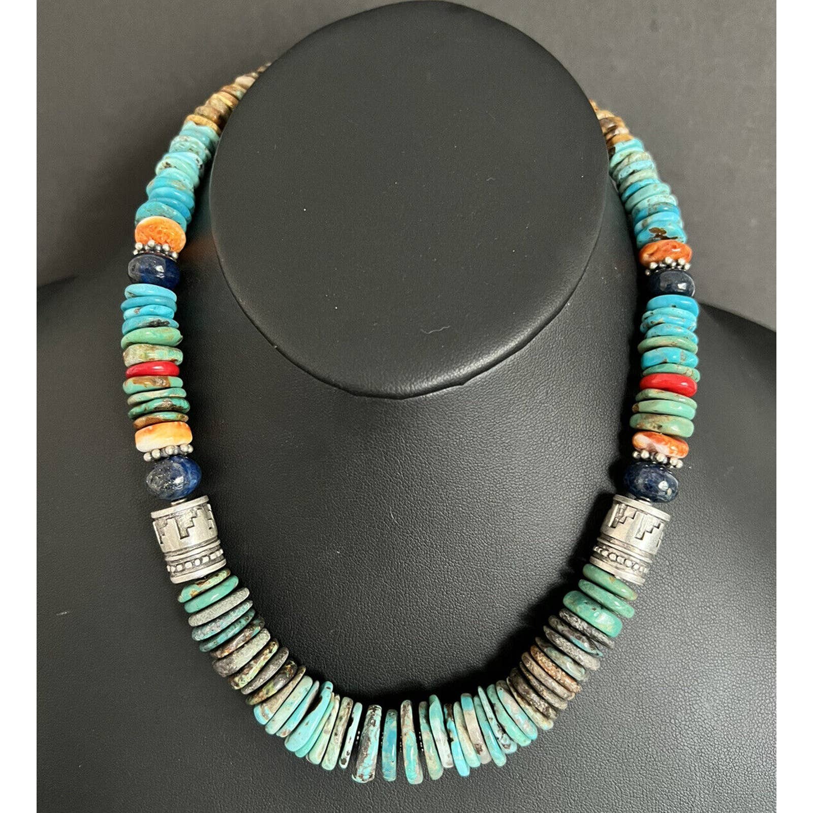 Sterling Silver Graduated Blue Green Turquoise Multi Stone Bead Necklace 18 inch