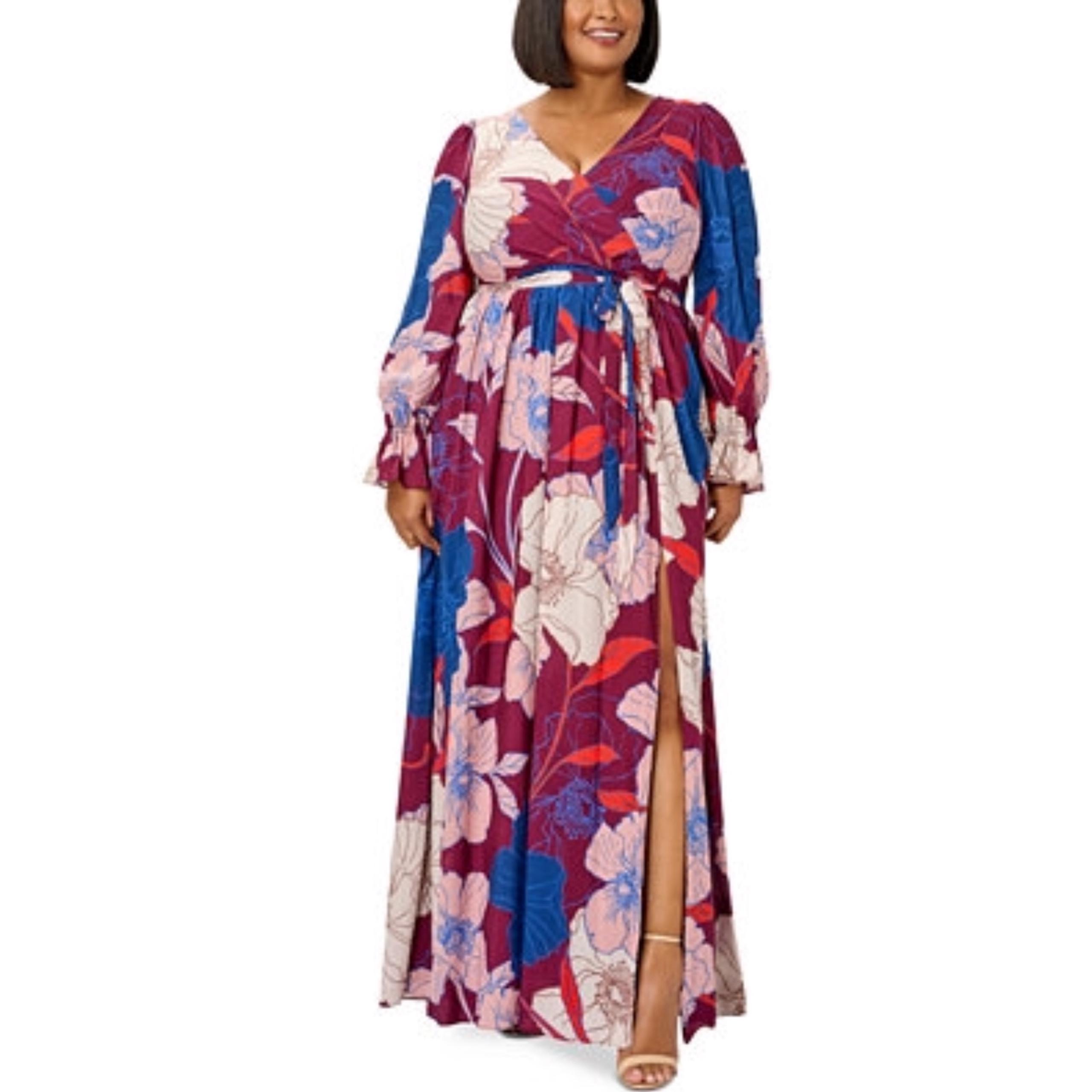 NWOT ADRIANNA PAPELL Dress 22W Floral Maxi Puff Balloon Long Sleeve High Slit