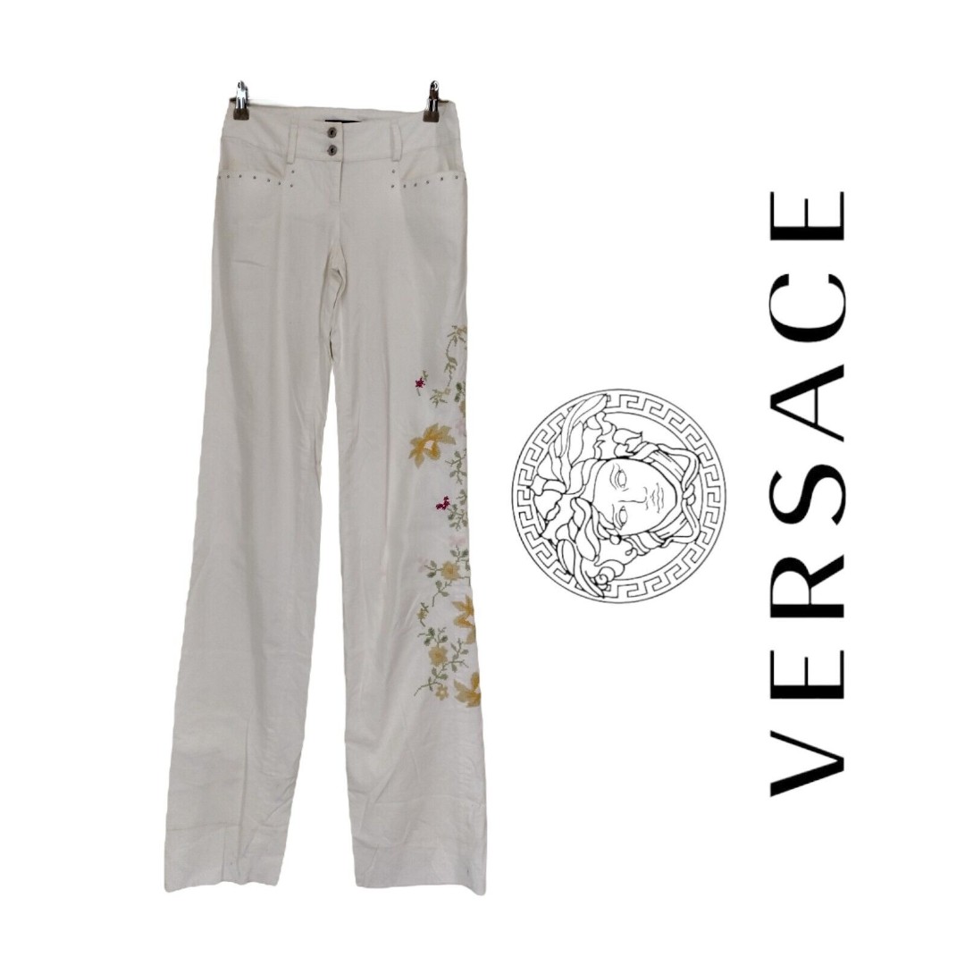 VERSACE JEAN COUTURE WHITE DENIN EMBROIDERED FLORAL PANT SZ 26 2T