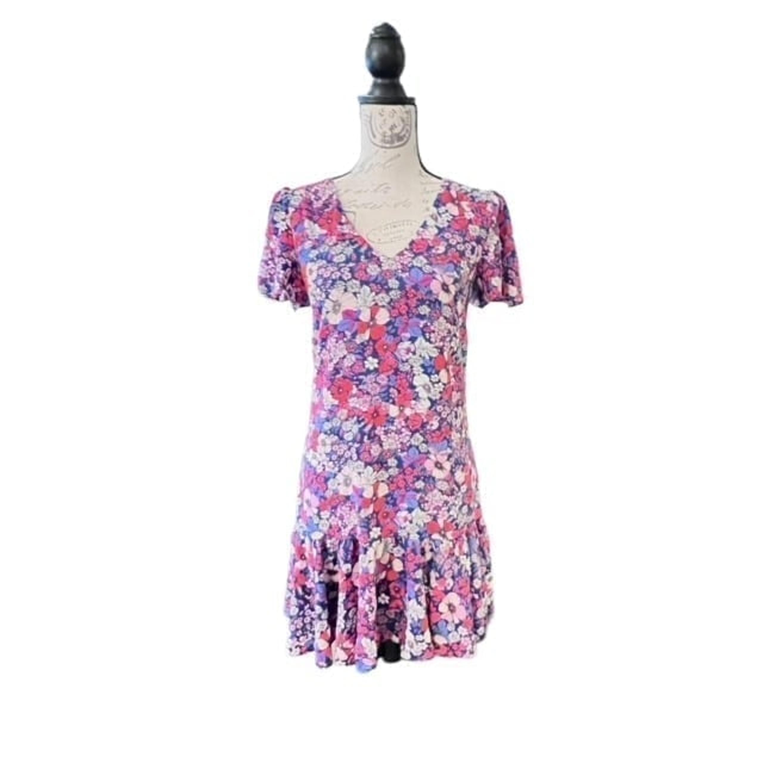 BCBG Paris Floral Ruffle Hem Dress Short Sleeve Lined COTTAGE Cowgirl Sz XS NWT