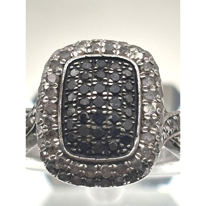 Stunning Black Diamonds White Topaz Ring 6.5 Silver 925 Rectangle Pave Setting