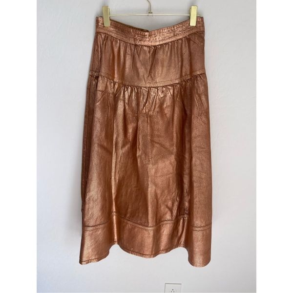 ULLA JOHNSON The Astrid Metallic Denim Tiered Midi Western Skirt Size 12 NWOT